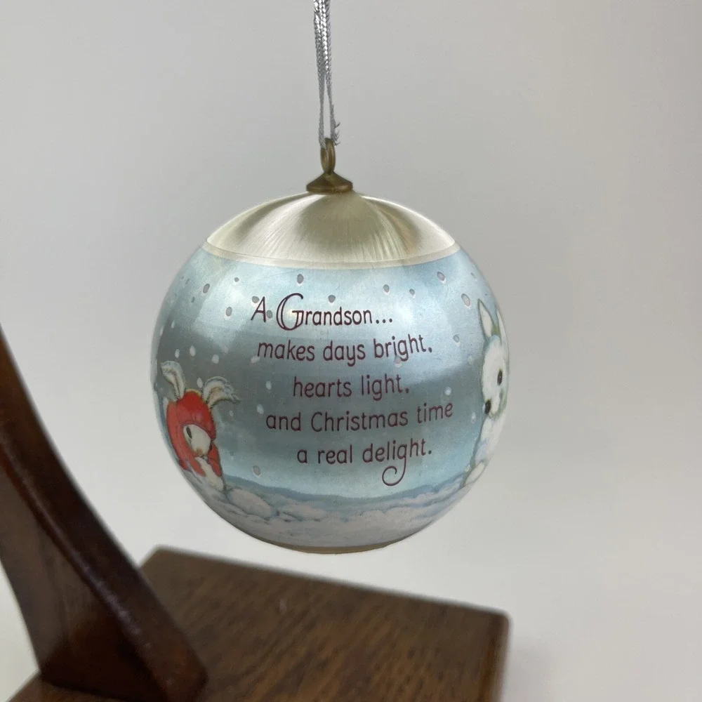 Vintage 1982 Hallmark Grandson Satin Ball‎ Christmas Ornament Bunnies Sled Snow